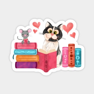 Cute little mouse and cat friend reading books Magnet