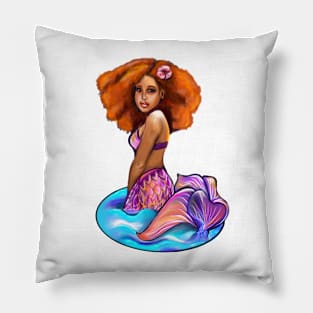 Amber the black mermaid princess rainbow coloured colored fins, afro hair brown skin African American mermaids Pillow