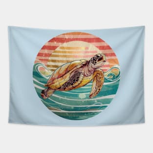 Sea Turtle Love Vintage Sunset Tapestry