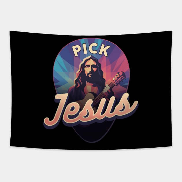 Pick Jesus Inspirational Guitar Pick Musician Design Tapestry by DanielLiamGill