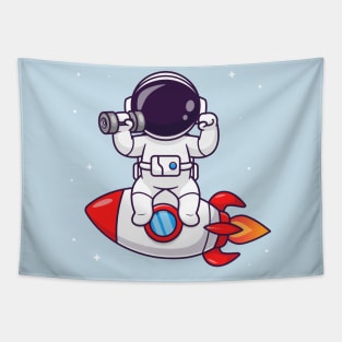 Cute Astronaut Lifting Dumbbell On Rocket Cartoon Tapestry