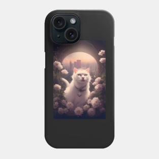 White Cat with White Flowers and Tokyo in the Background | White cat with blue eyes | Digital art Sticker Phone Case