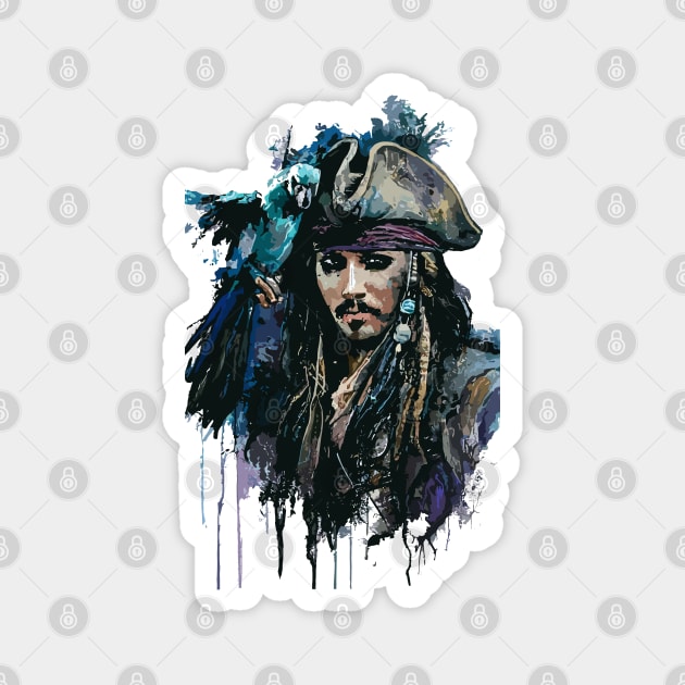 Pirate with Parrot in Old Classic Costume with Furious Face in Ink Painting Style Magnet by diegotorres