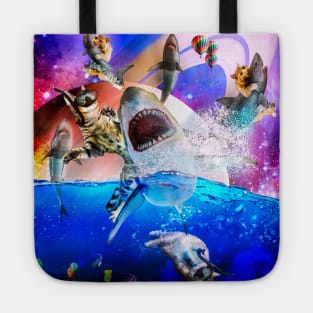 Rainbow Galaxy Cat Riding Shark In Space Tote