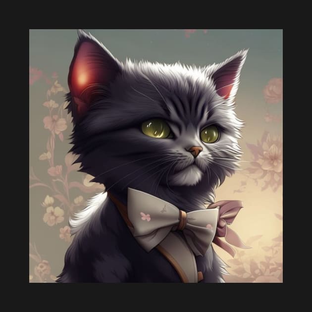 Elegant Grey and White Cat With an Grey Floral Bow Tie | White and grey cat with green eyes | Digital art Sticker by withdiamonds