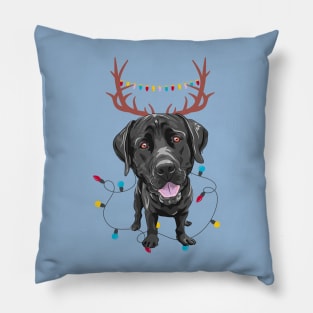 Labrador Retriever with Reindeer Ears and Christmas Lights Pillow