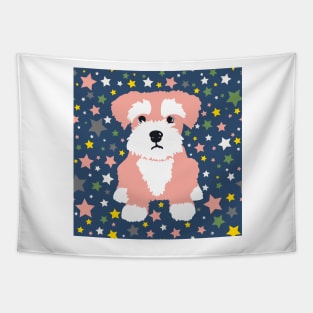 Pink Miniature Schnauzer and Stars on Blue Background Tapestry