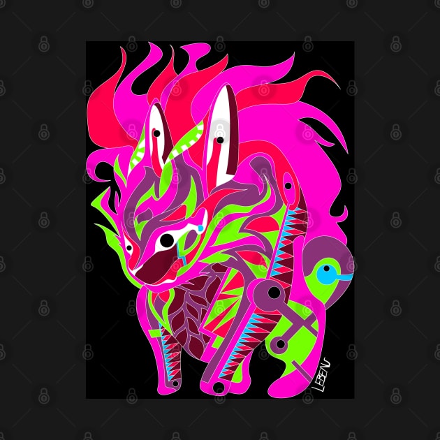 wild rabbit kaiju ecopop in rainbow flames art by jorge_lebeau