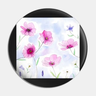 Pink flower Illustration with watercolor and pencil Pin