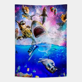 Rainbow Galaxy Cat Riding Shark In Space Tapestry