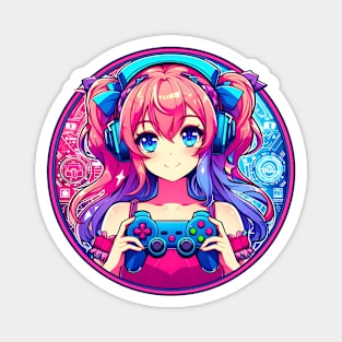 Pink neon bright gamer girl Magnet