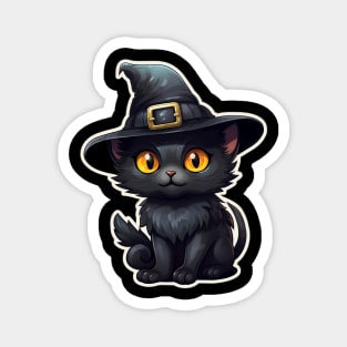 Black Cat In Witches Hat - Black Cats Spooky Halloween Magnet