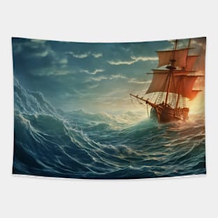 Pirates Ship In Storm Weather Surrealist Tapestry