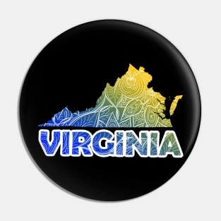 Colorful mandala art map of Virginia with text in blue and yellow Pin