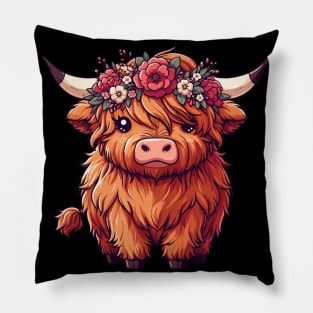 Kawaii scottish highland cow with flower crown Pillow