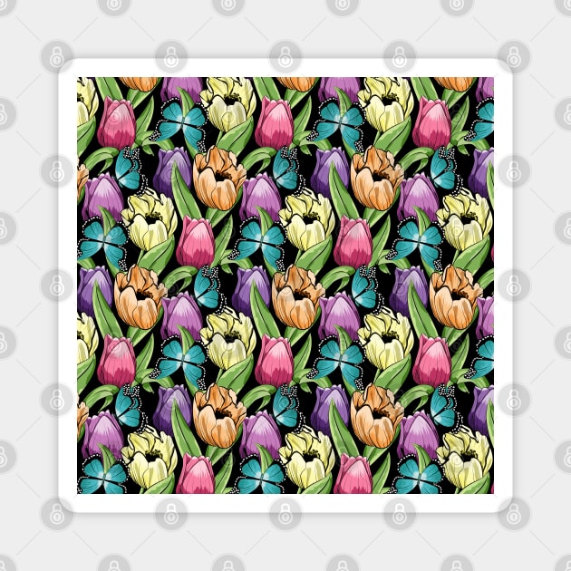 Tulips And Butterflies Pattern Magnet by Designoholic