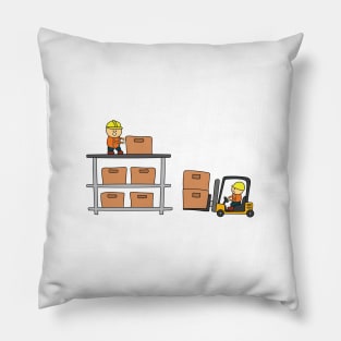 Kids drawing of Warehouse workers loading and arranging boxes with forklift truck Pillow