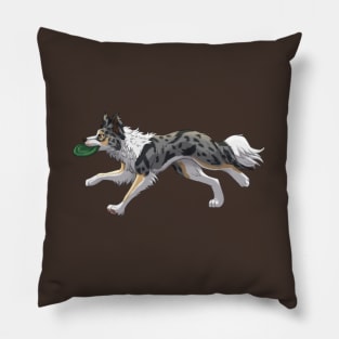 Running Tricolor Slate Blue Merle Border Collie with Frisbee Pillow