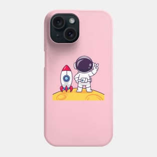 Cute Astronaut Peace On Moon With Rocket Cartoon Phone Case