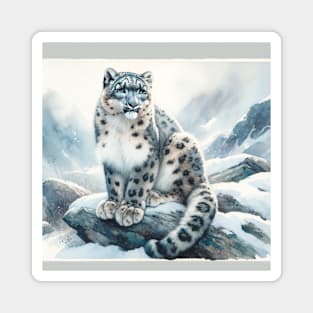 Mountain Mystic: Elusive Snow Leopard Watercolor Magnet