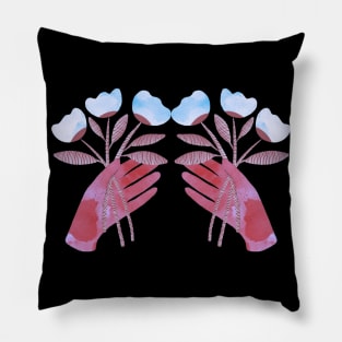 Red hands with blue flowers for you on black background Pillow