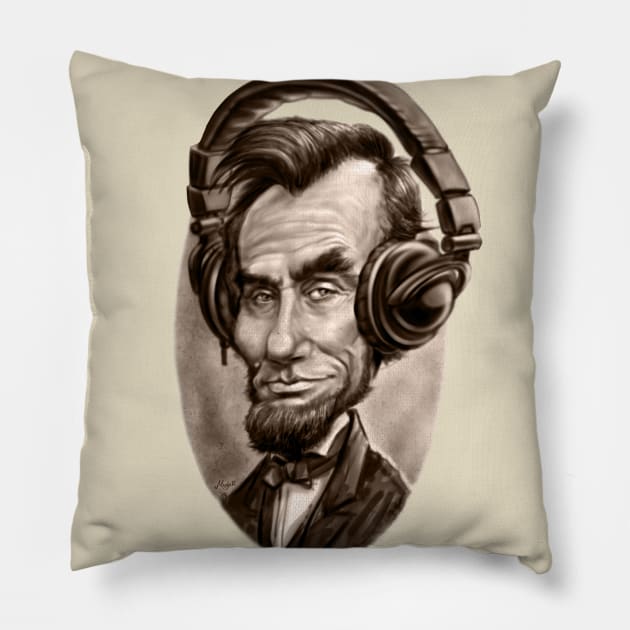 Caricature of Abe Lincoln with Music Headphones Pillow by Mudge
