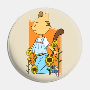 Cartoon anthropomorphic cat in sunflower patch Pin