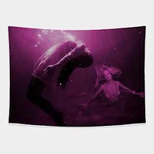 Mermaid Saves Drowning Victim in Fuchsia Pink Underwater Scene Tapestry