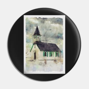 Church in the snow - watercolour painting Pin