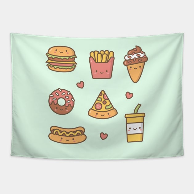 Cute Fast Food Burger Fries Donut Pizza Ice Cream Doodles Tapestry by rustydoodle