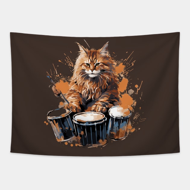 Maine Coon Cat Playing Drums Tapestry by Graceful Designs