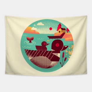 1950s Retro Loon Bird on a Lake Tapestry