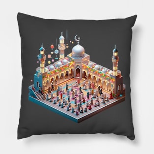 A mosque adorned with colorful lights and decorations, with families coming together for prayers and celebrations. Pillow