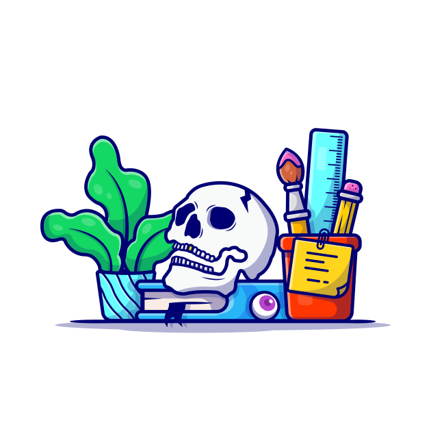 Creative Office Workspace with Skull, Book, and Plant Cartoon Vector Icon Illustration by Catalyst Labs