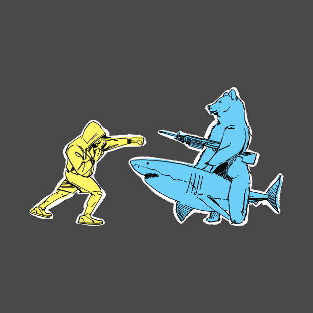 Man vs Bear who has a machine gun who rides a Shark by TheObscureGentlemen