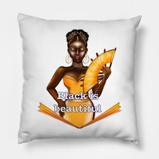 Queen Black is beautiful text - black girl with Gold earrings, necklace,  tiara, dress and fan with dark brown skin ! Pillow