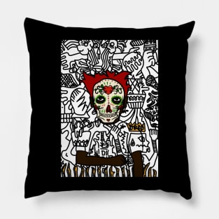 Yeti NFT - Mystical Doodle: Male Character with Mexican Mask and Dark Eyes Pillow