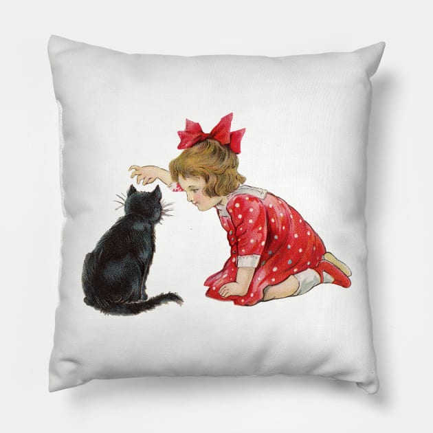 Little girl playing with black cat at Christmas Pillow by RedThorThreads