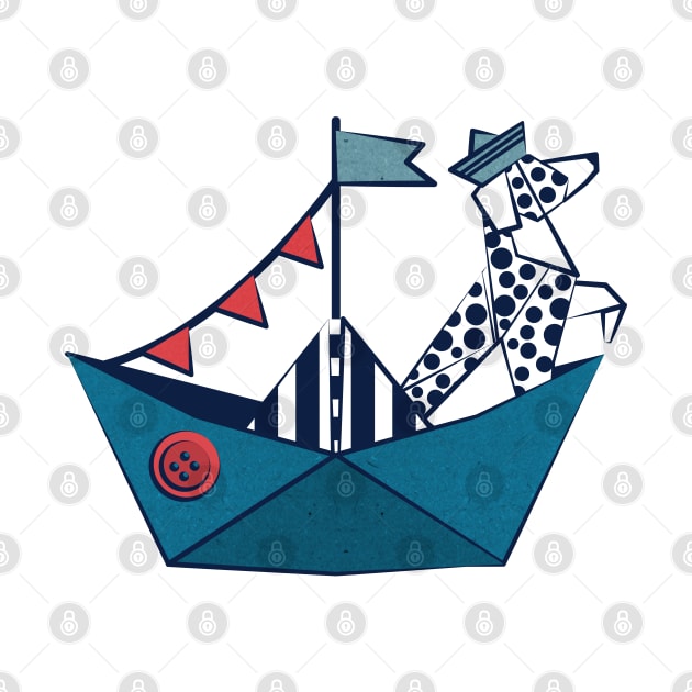 Origami Dalmatian dog day at the lake // print // teal sail boat by SelmaCardoso