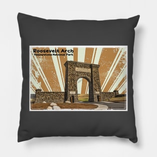 Retro Roosevelt Arch in Yellowstone National Park in orange Pillow