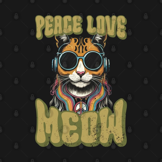 Peace Love Meow, Retro Groovy Style Hippie Cat Lover Design by PugSwagClothing