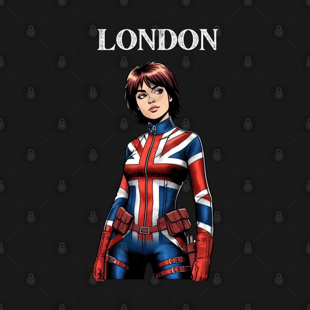 London England Female Comic Book Superhero by Woodpile