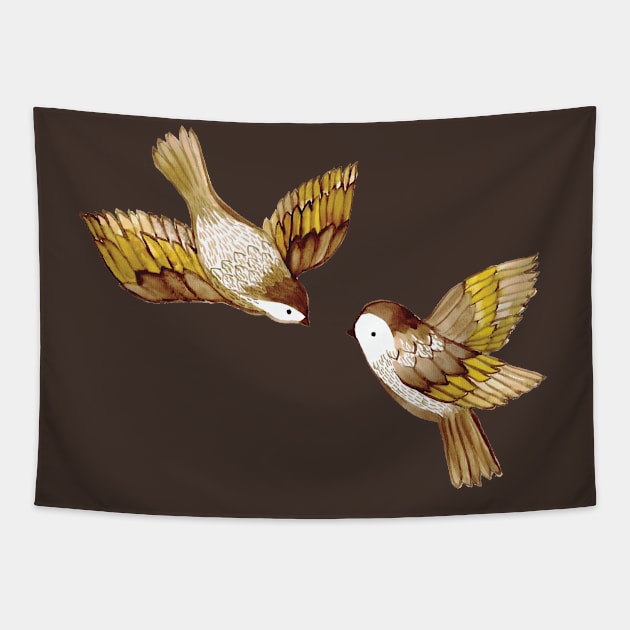 Two Birds Flying Sparrows Tapestry by Cecilia Mok