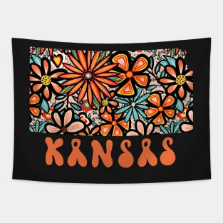 Kansas State Design | Artist Designed Illustration Featuring Kansas State Outline Filled With Retro Flowers with Retro Hand-Lettering Tapestry