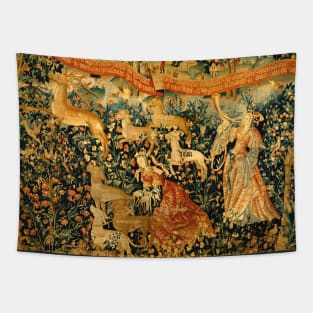 MEDIEVAL DEER HUNTING SCENE WITH LADIES AND DOGS Antique Flemish Tapestry Tapestry