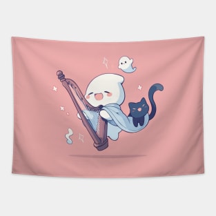 Sheet Ghost Playing Halloween Harp. Spook Cute Mariachi Monster. Tapestry