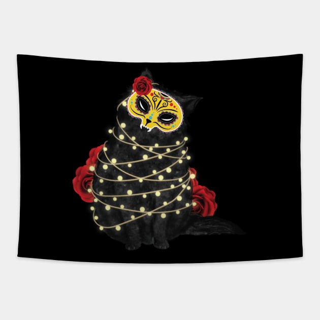 Black Calavera Cat Tapestry by monicasan