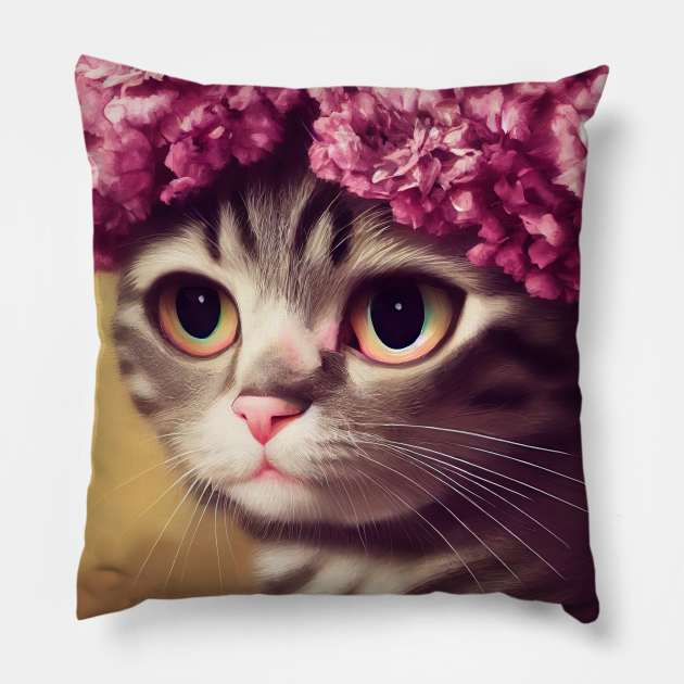 Adorable white kitty cat wearing flower crown Pillow by DyeruArt