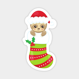 Christmas Sloth, Christmas Stocking, Santa Hat Magnet