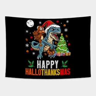 Happy Hallothanksmas Dinosaur T Rex Halloween Thanksgiving Christmas Tapestry